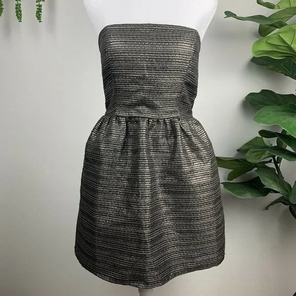 Rush M Black Gold Metallic Tube Top Strapless Fit Flare Babydoll Party Dress - Picture 1 of 5